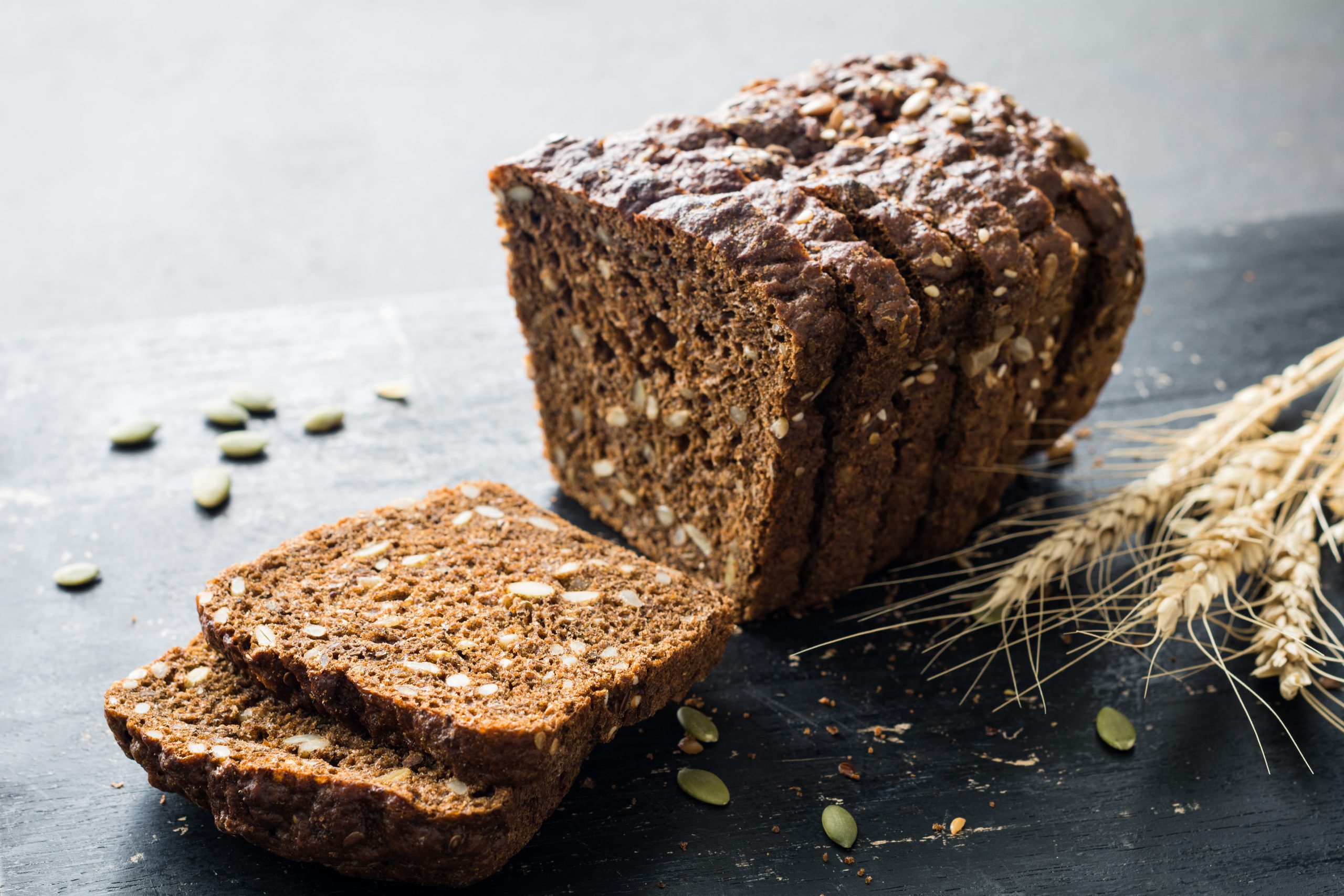 Rye bread loaf sliced up.