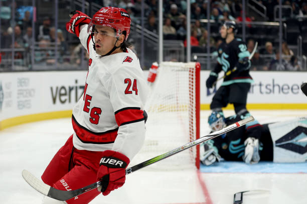 Seth Jarvis of the Carolina Hurricanes celebrates his goal against the Seattle Kraken during the third period at Climate Pledge Arena on October 19,...