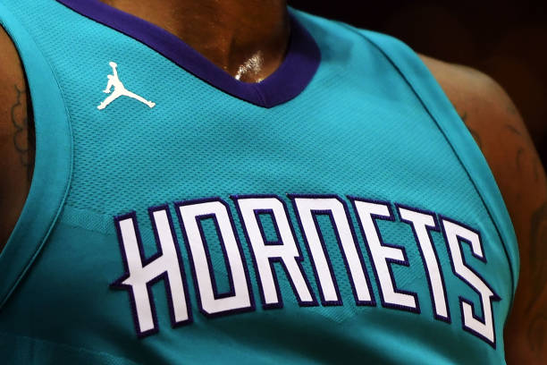 Detailed view of the jumpman logo on the jersey of Dwight Howard