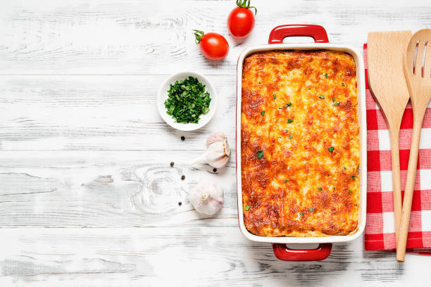 classic italian lasagna - cheesy white bean tomato bake stock pictures, royalty-free photos & images