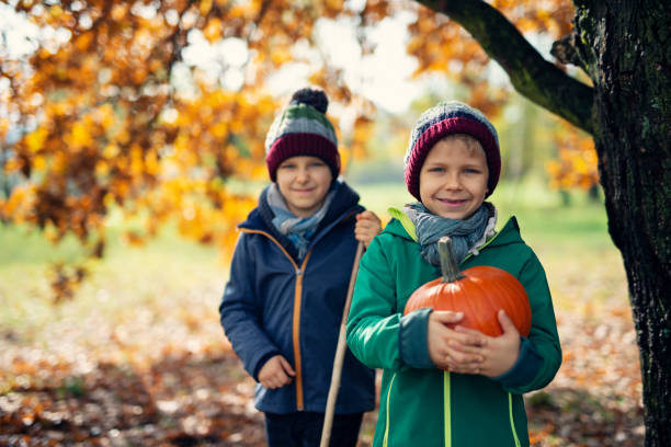 autumn portrait of happy boys with a pumpkin - autumn kid attractions stock pictures, royalty-free photos & images Fall Activities