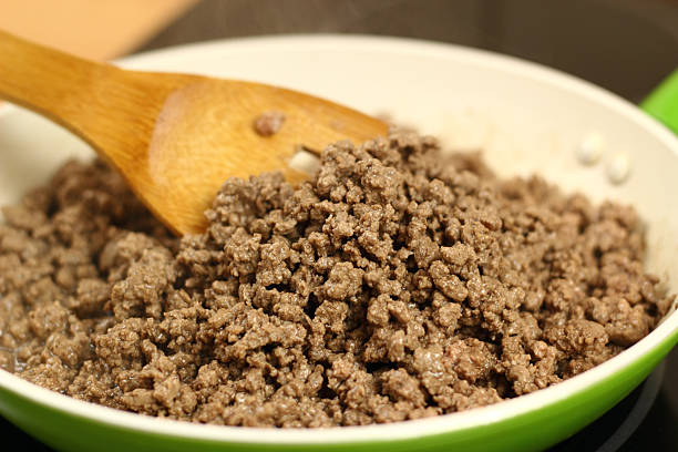 pan frying ground beef - cooking ground beef stock pictures, royalty-free photos & images