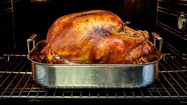 usa, new york state, new york city, roasted turkey for thanksgiving in oven - thanskgiving turkey stock pictures, royalty-free photos & images