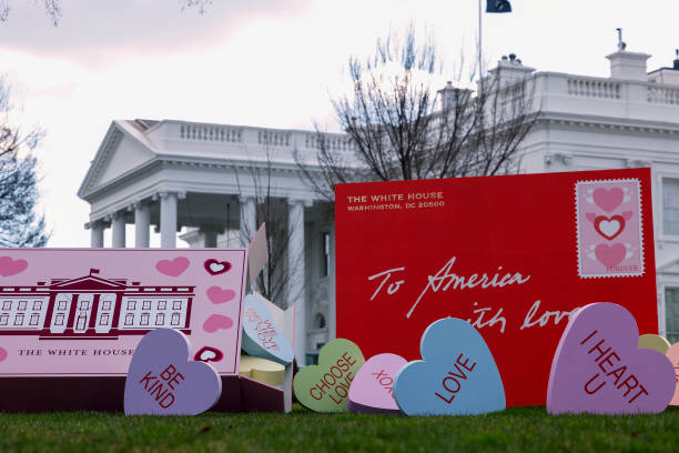 Valentines Day decorations sit on display on the North Lawn of the White House on February 14, 2024 in Washington, DC. First lady Jill Biden...