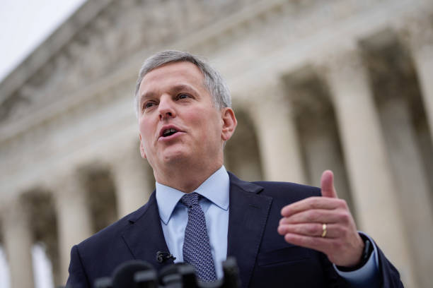 North Carolina Attorney General Josh Stein talks to reporters outside the U.S. Supreme Court after he attended oral arguments in the Moore v. Harper...