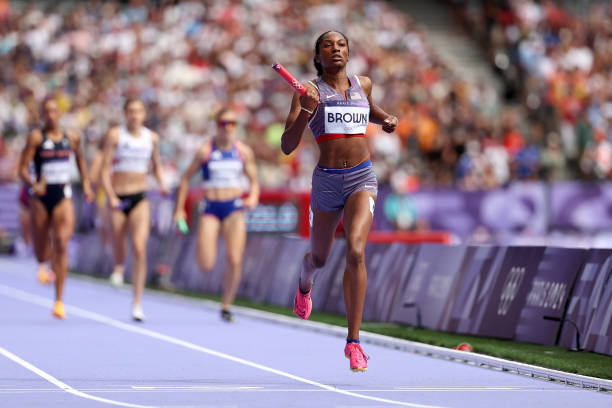 Kaylyn Brown of Team United States competes during the Women's 4 x 400m Relay Round 1 on day fourteen of the Olympic Games Paris 2024 at Stade de...