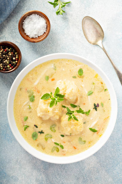 chicken dumplings soup - chicken and dumplings soup stock pictures, royalty-free photos & images