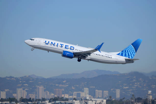 united airlines boeing 737 aircraft taking off, los angeles international airport (lax) - united airlines stock pictures, royalty-free photos & images