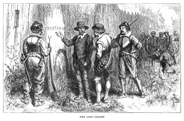 old engraved illustration of john white finding no trace of the colony of roanoke island enroute to virginia in 1590 - lost colony roanoke stock pictures, royalty-free photos & images